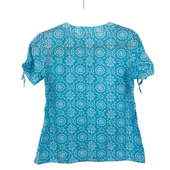 Talbots XS Cotton tunic top light blue Boho Print short Sleeve Split Neck - Picture 2 of 8